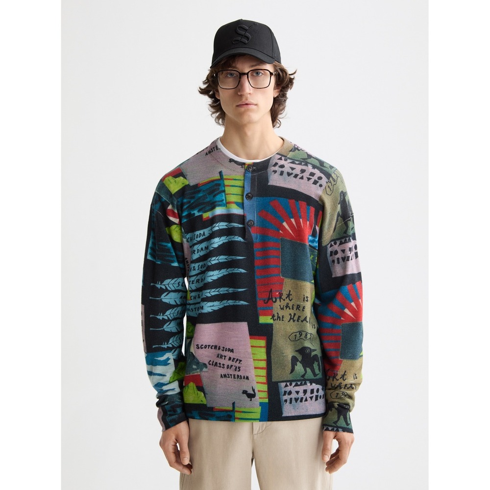 Scotch & Soda Men's Relaxed Fit Merino Wool Sweater Collage Print Large